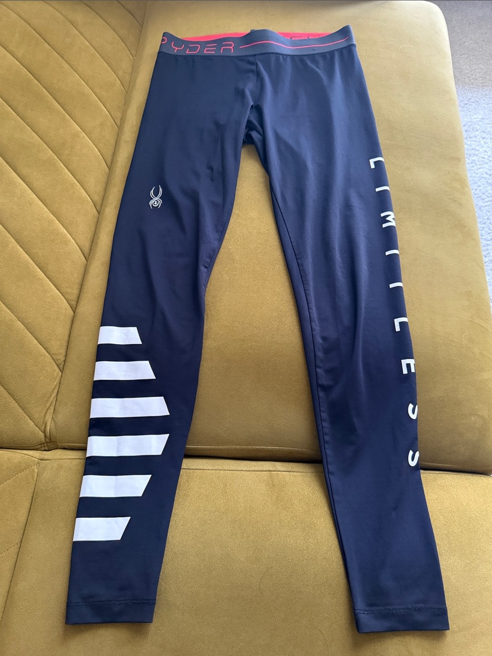 Spyder Navy Leggings with White Stripes and Pink Waistband